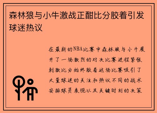 森林狼与小牛激战正酣比分胶着引发球迷热议